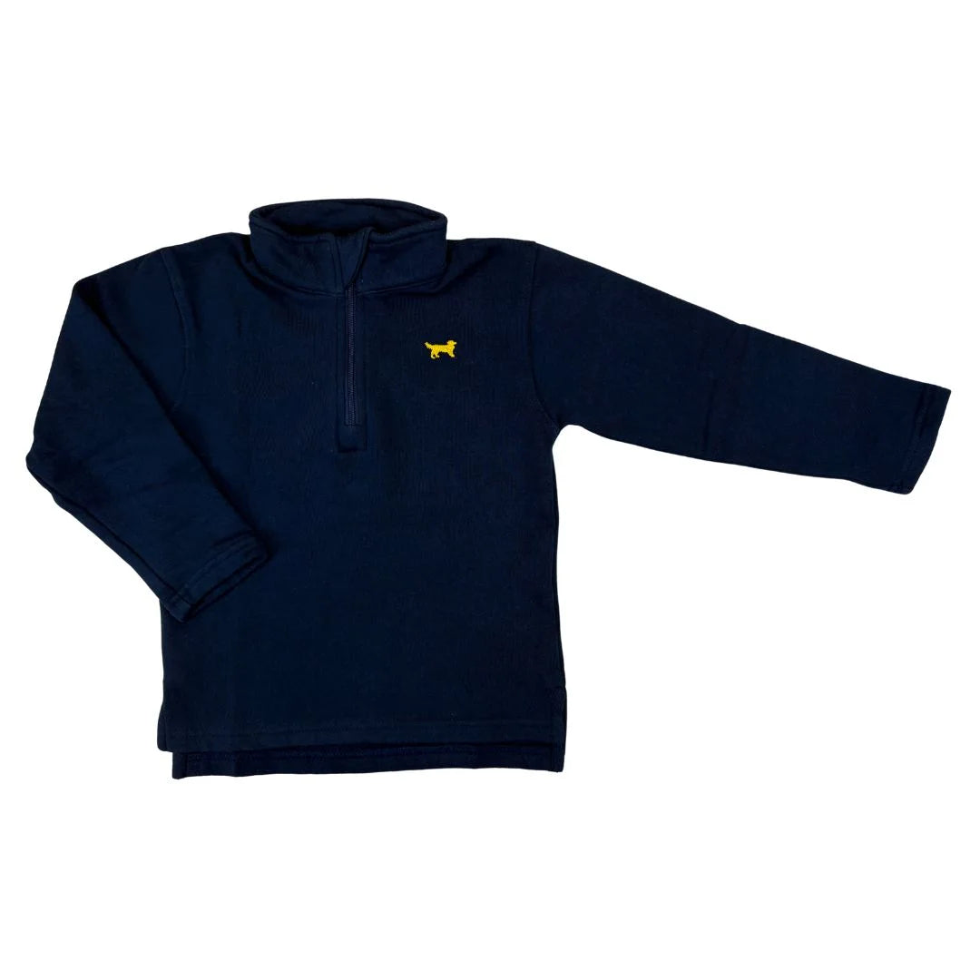 Navy blue pullover with a yellow logo on a white background