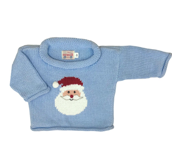 light blue sweater with santa face