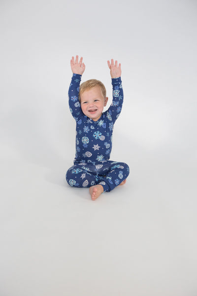 blue pajamas with snowflakes all over