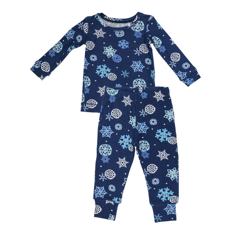 blue pajamas with snowflakes all over