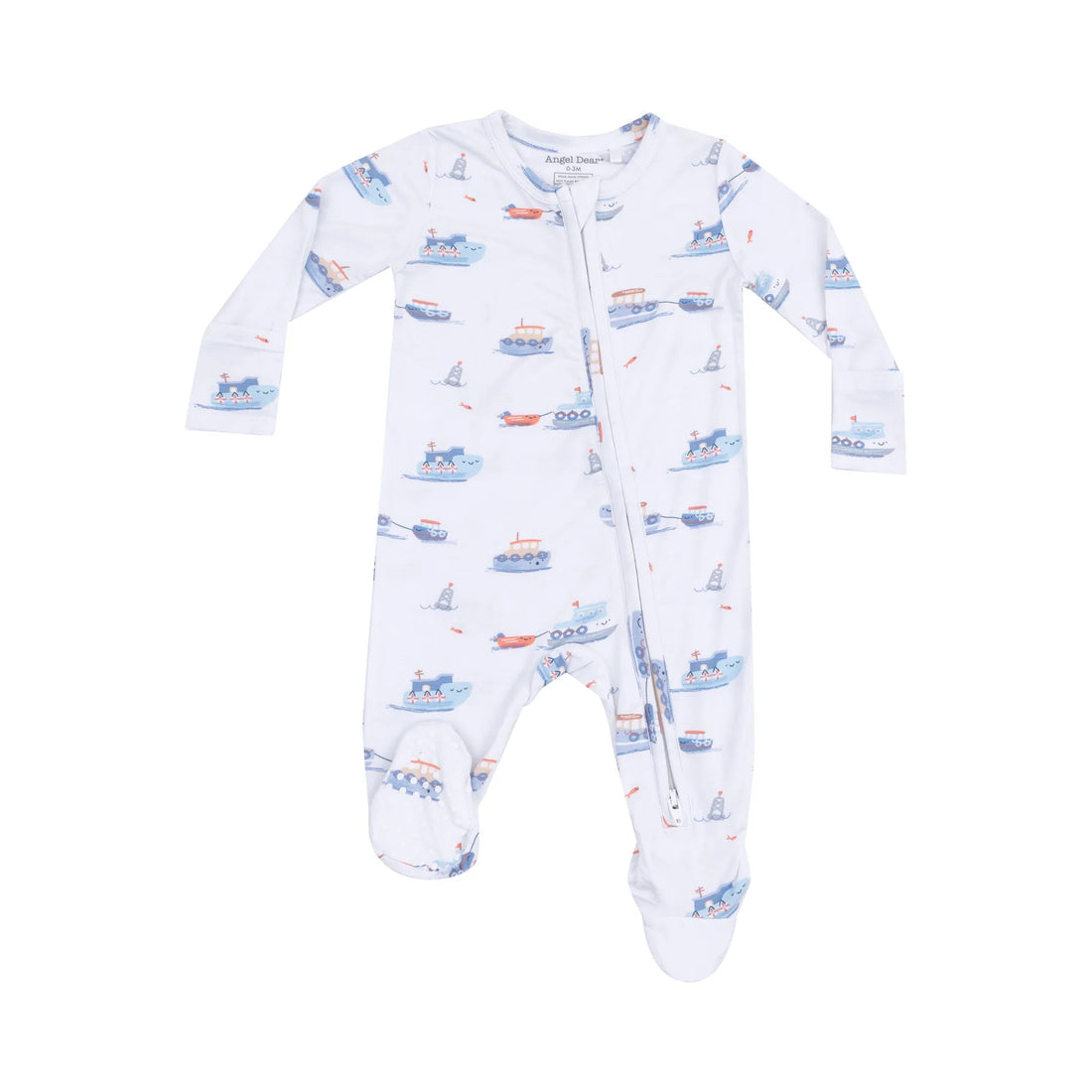 pale blue footie with tugboat design