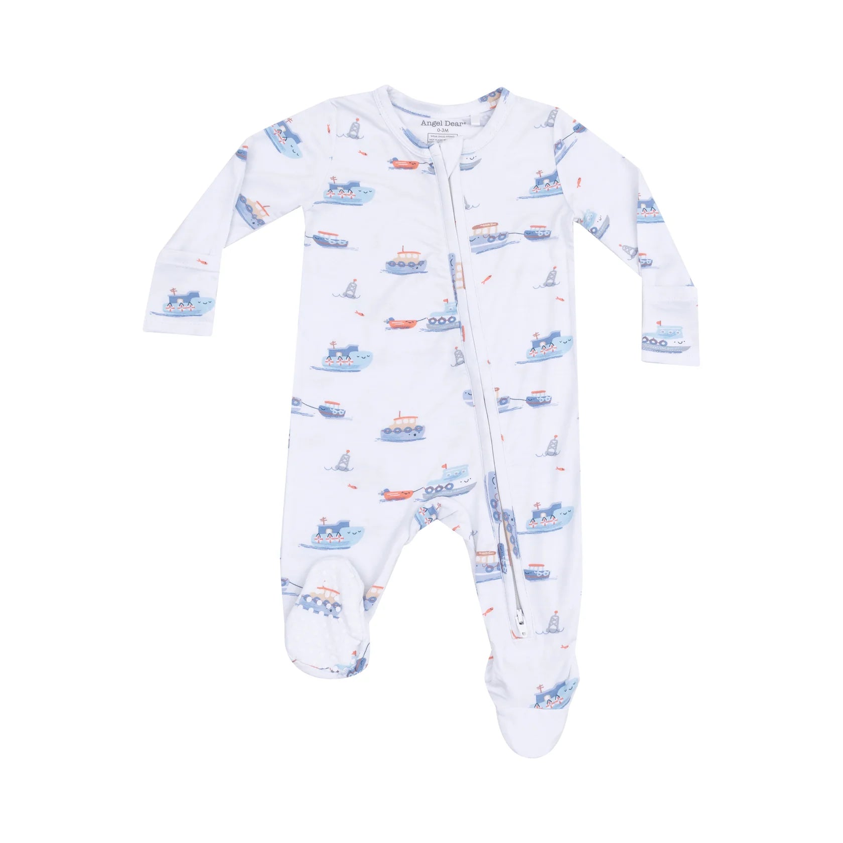pale blue footie with tugboat design