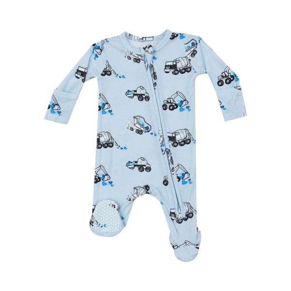 blue long sleeve footie with construction trucks that are moving multi blue color hearts