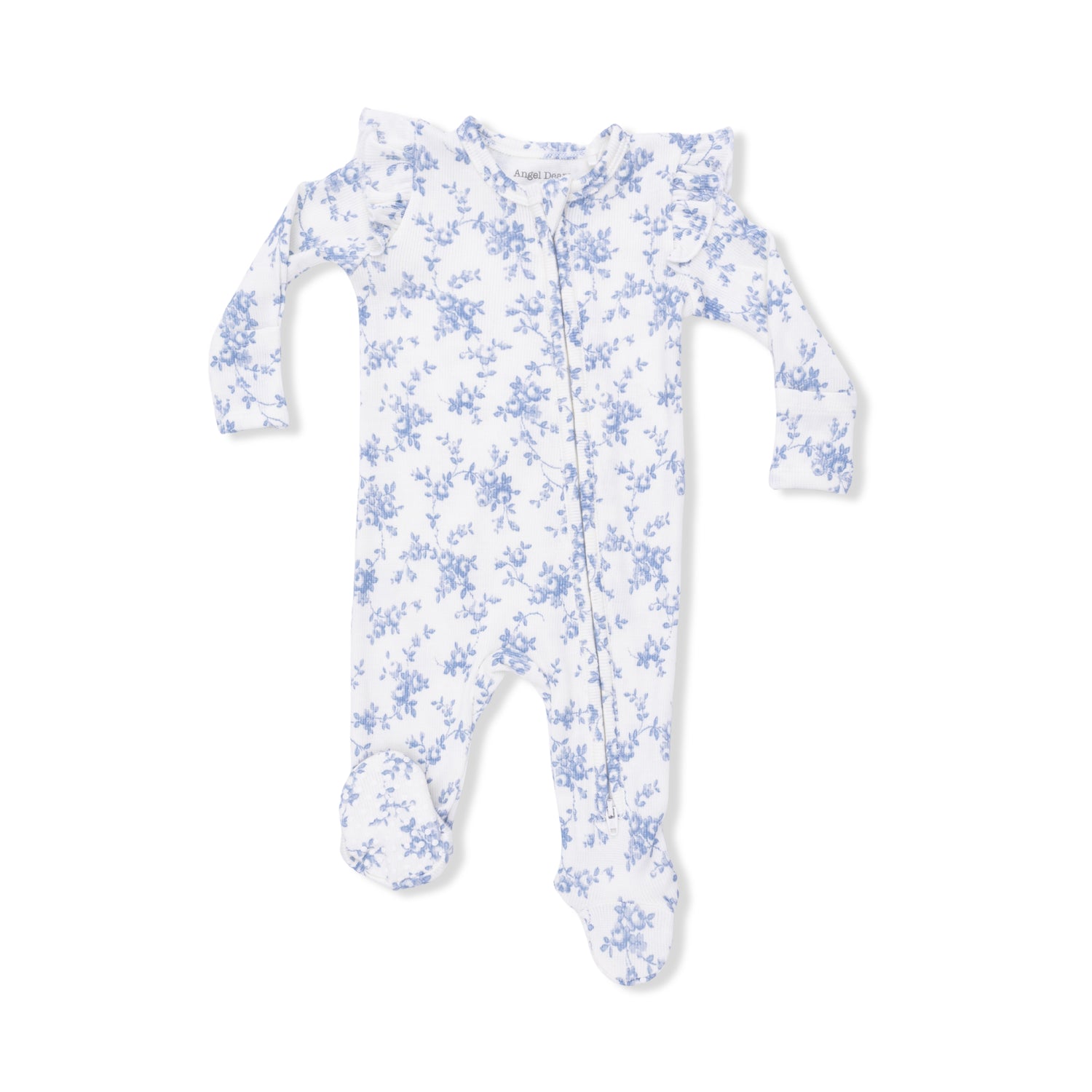 White baby onesie with blue floral pattern on a white background