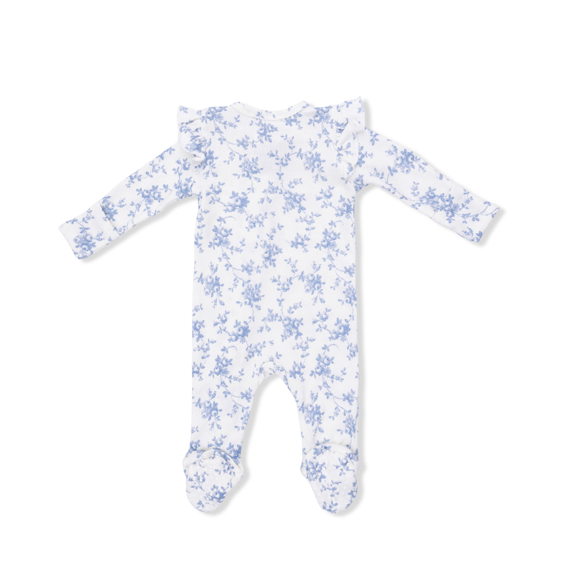 White baby onesie with blue floral pattern on a white background