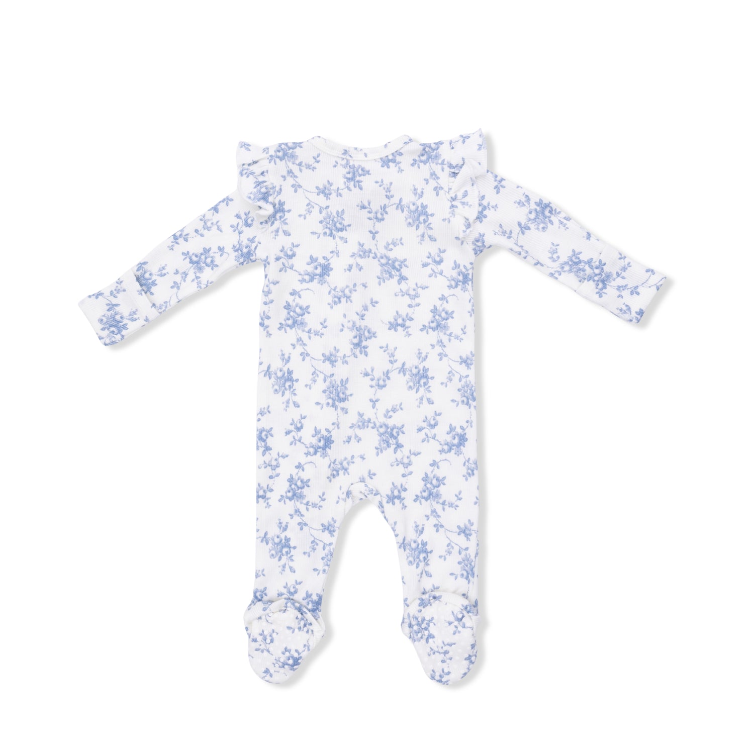 White baby onesie with blue floral pattern on a white background