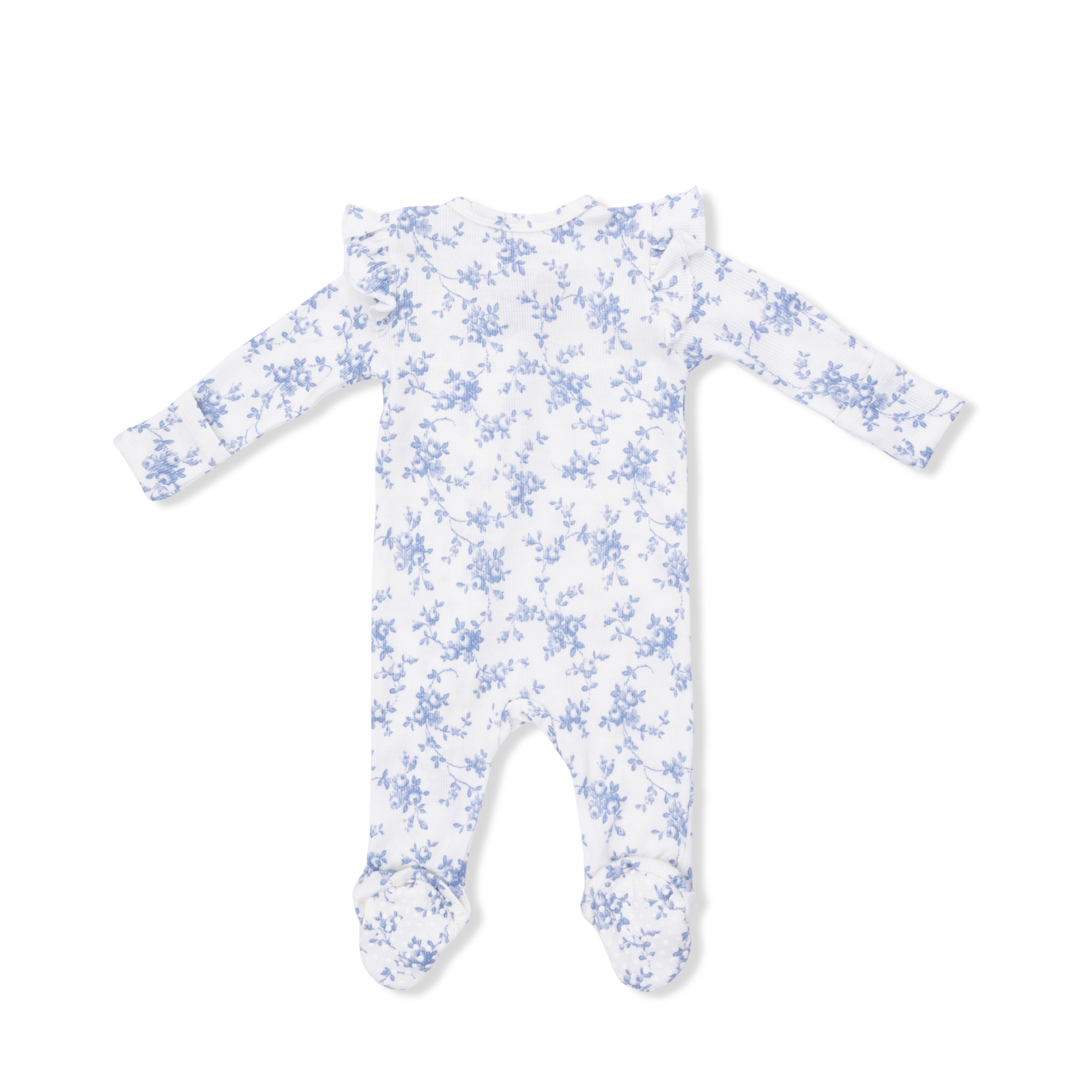 White baby onesie with blue floral pattern on a white background