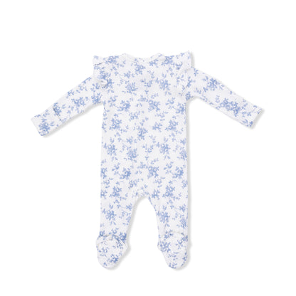 White baby onesie with blue floral pattern on a white background