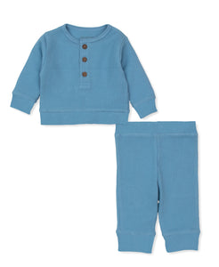 blue long sleeve and long pant set, shirt has 3 buttons, waffle thermal texture