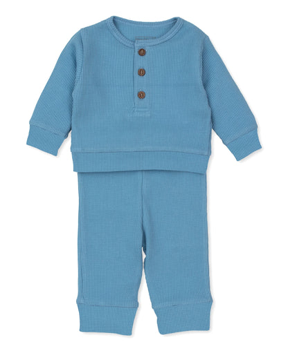 blue long sleeve and long pant set, shirt has 3 buttons, waffle thermal texture