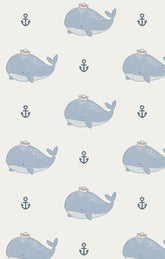 Pattern of blue whales with anchors on a light gray background