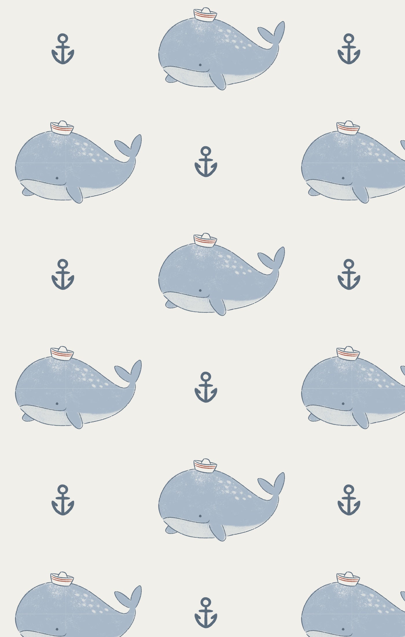 Pattern of blue whales with anchors on a light gray background