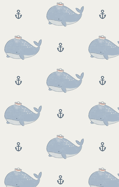 Pattern of blue whales with anchors on a light gray background
