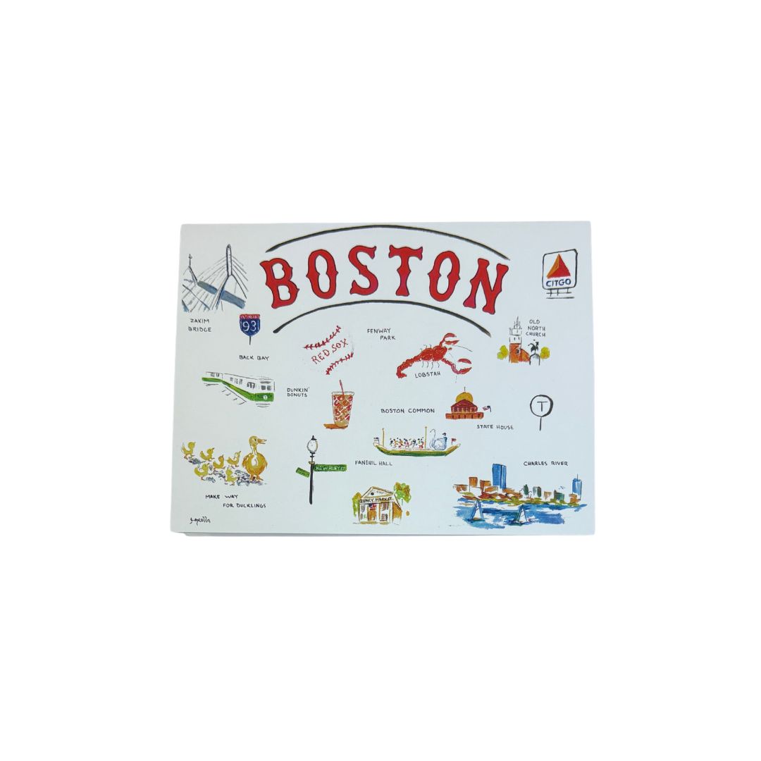 boston greeting card with boston landmarks on a white background