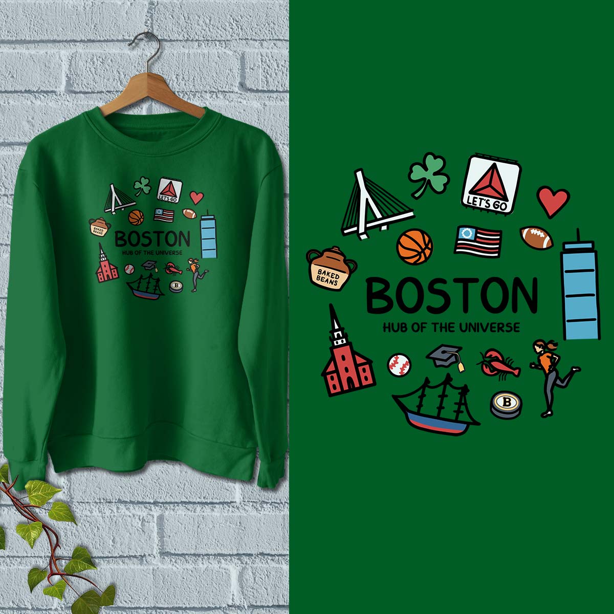 A green crewneck sweatshirt with a colorful &
