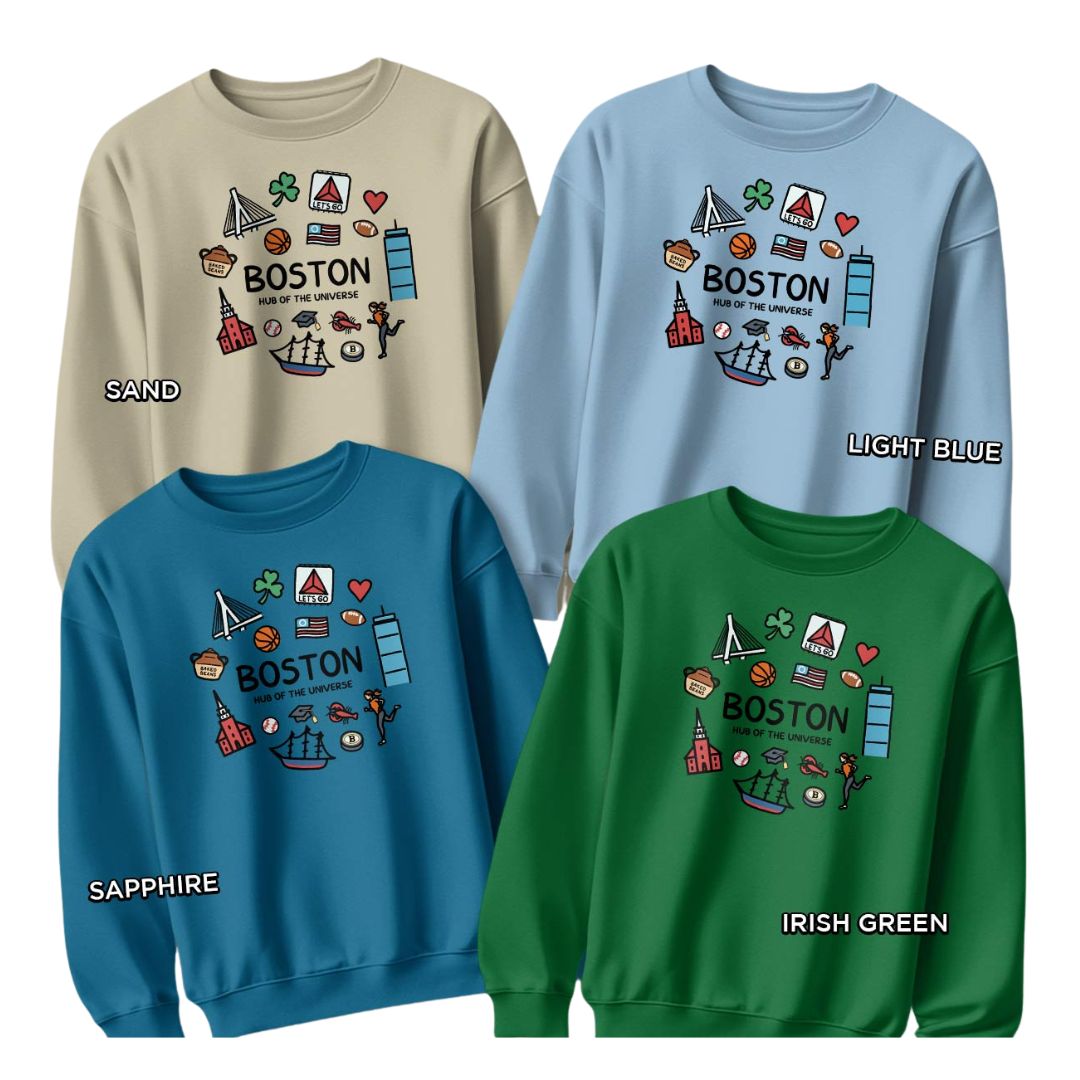 Four crewneck sweatshirts shown in different colors: sand beige, light blue, sapphire blue, and Irish green. Each sweatshirt features a colorful graphic print of Boston landmarks and the text &