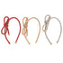 Three decorative headbands in red, gold, and silver on a white background