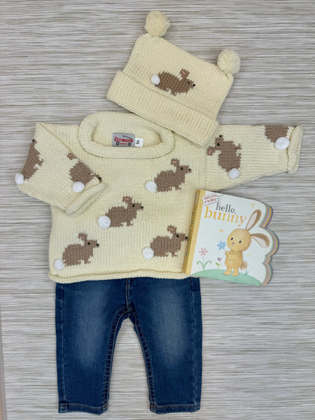 bunny sweater with jeans, bunny hat and bunny book