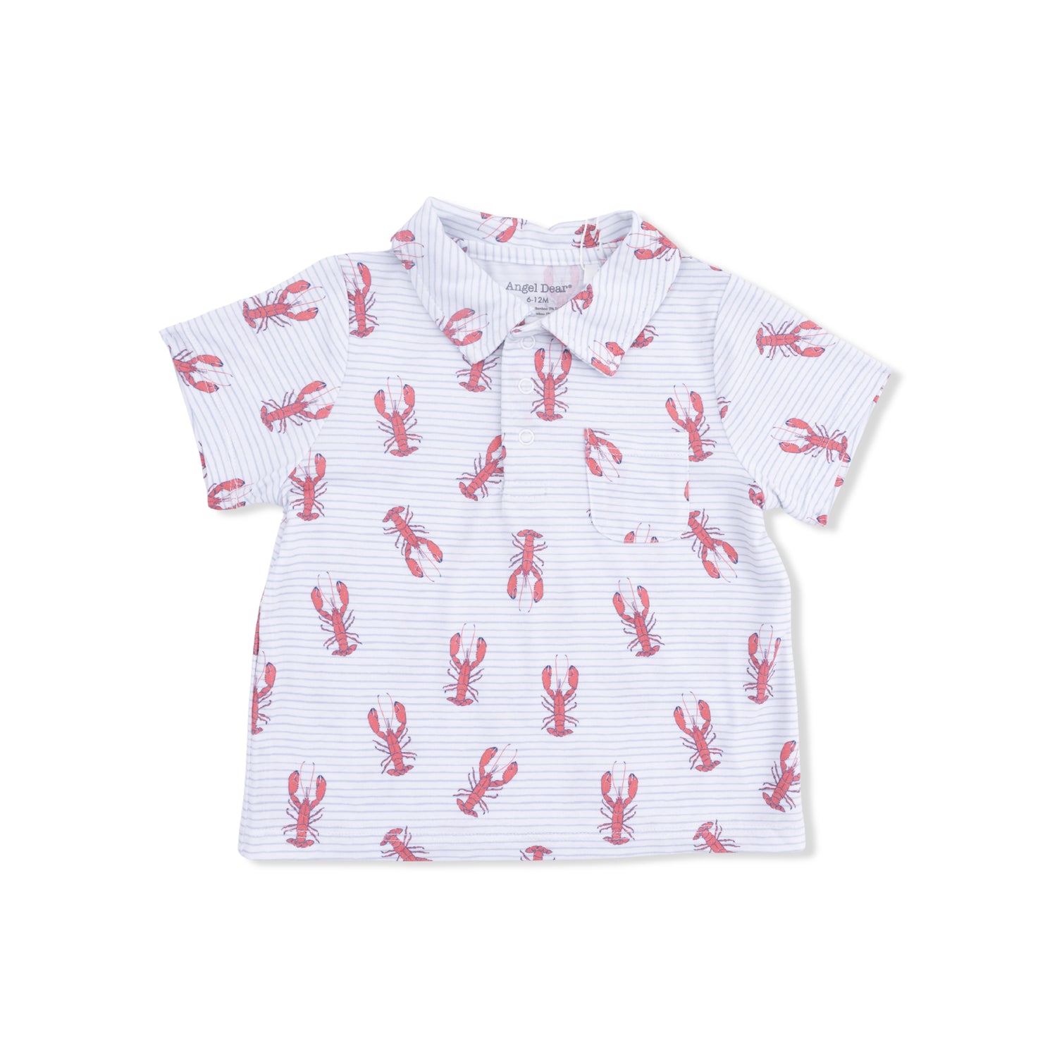 White polo shirt with red lobster pattern on a white background