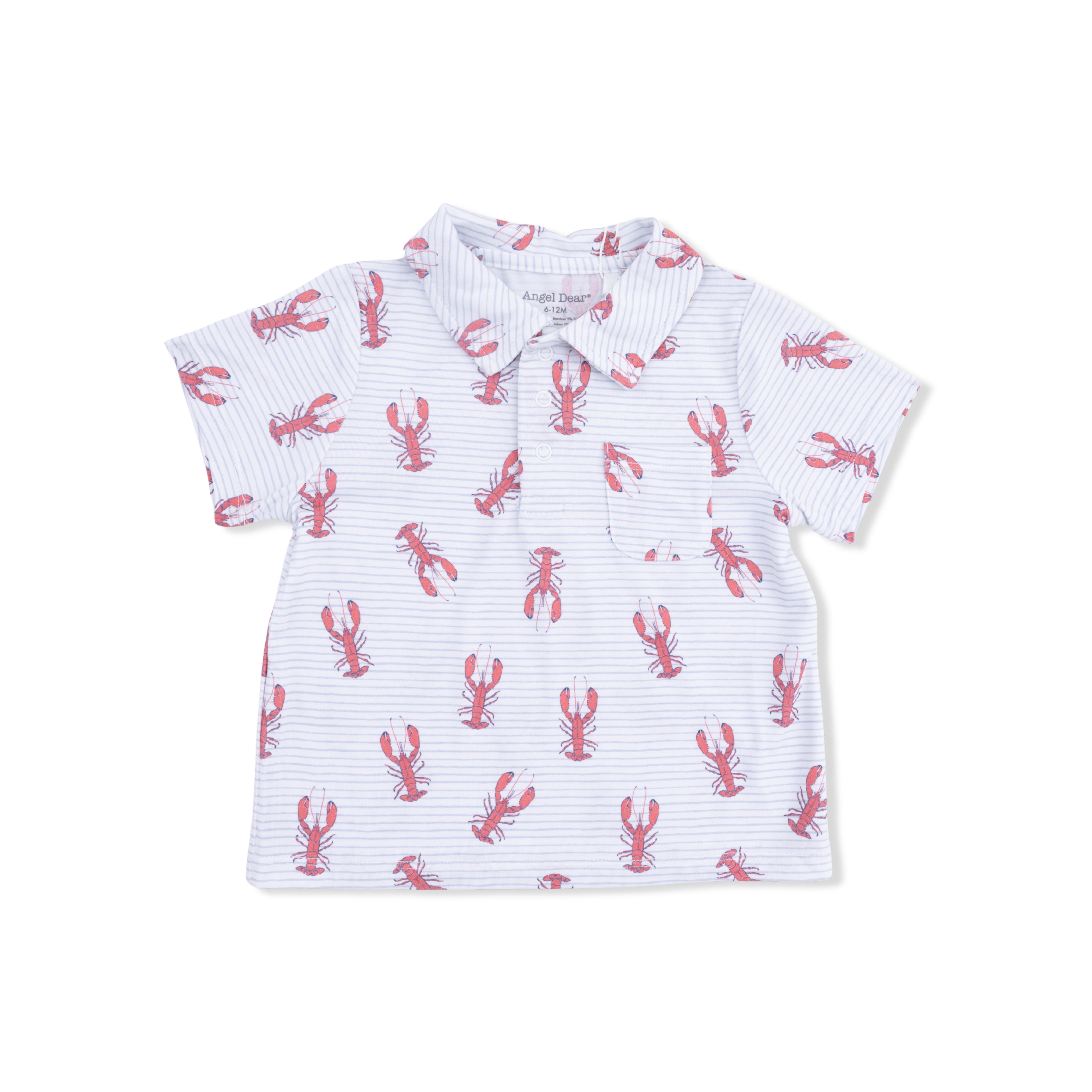 White polo shirt with red lobster pattern on a white background