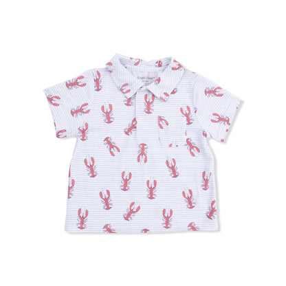 White polo shirt with red lobster pattern on a white background