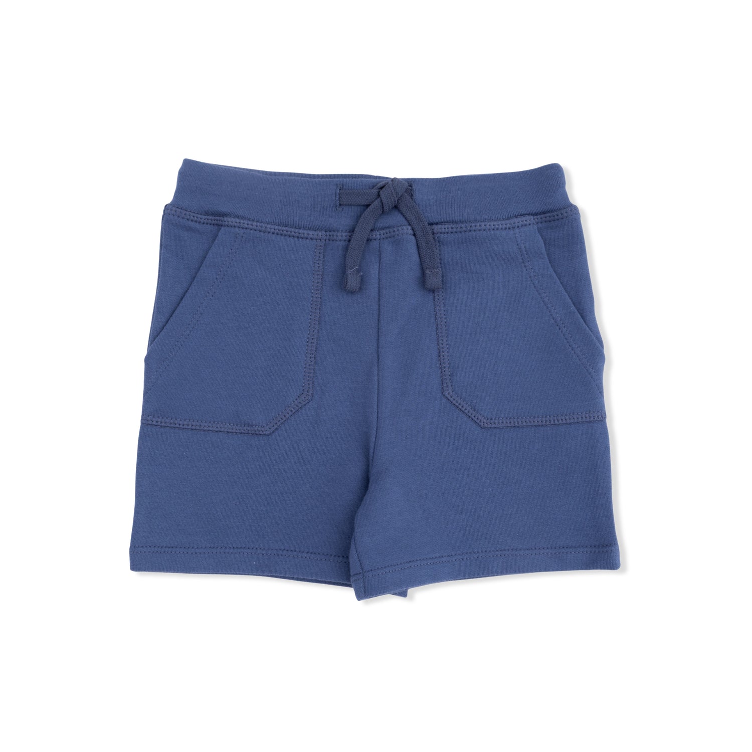 Blue shorts with a drawstring on a white background