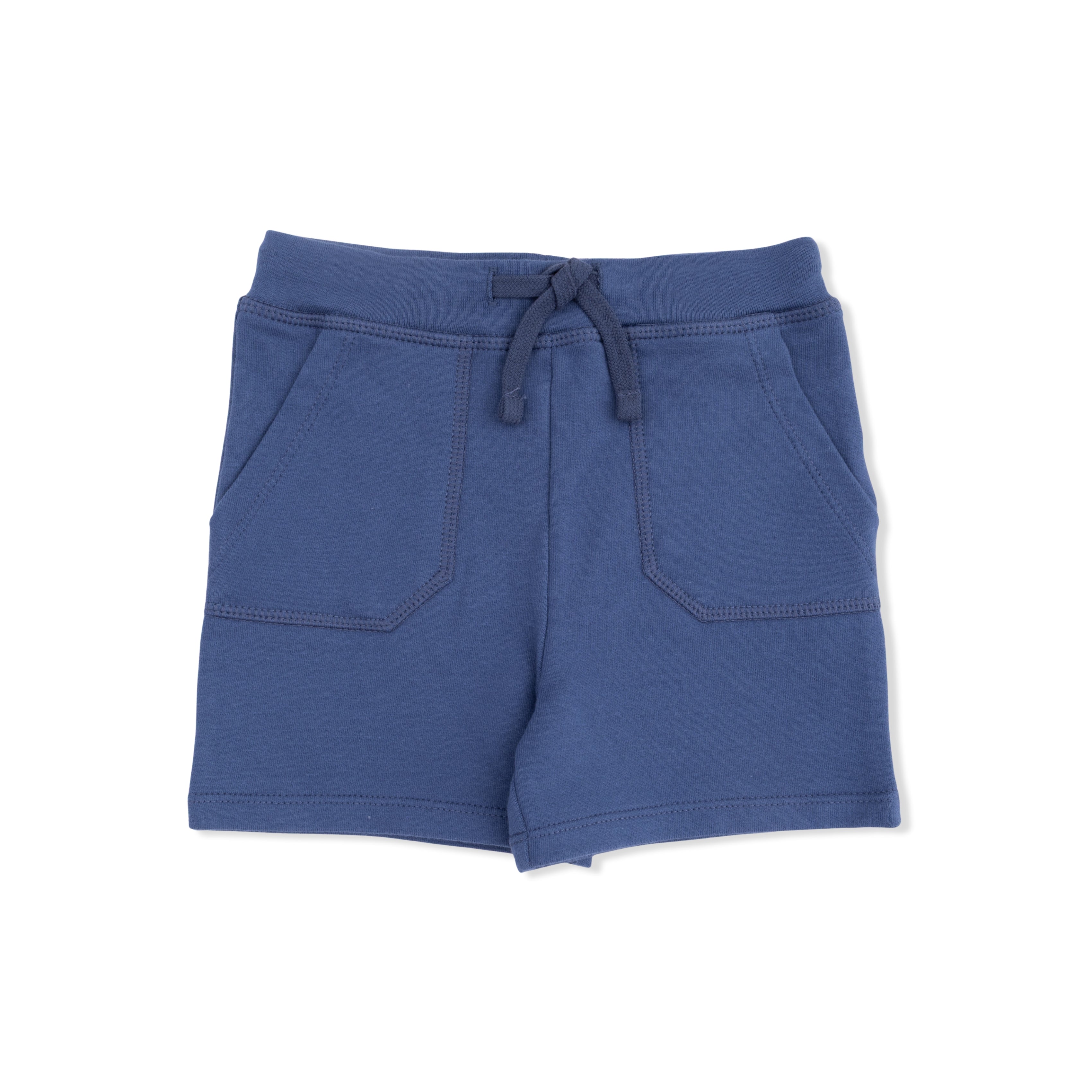 Blue shorts with a drawstring on a white background