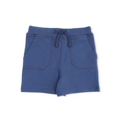 Blue shorts with a drawstring on a white background