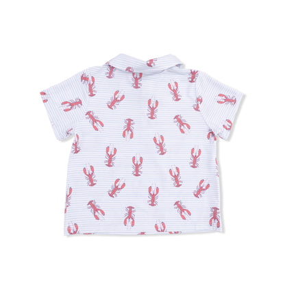 White shirt with red lobster pattern on a white background