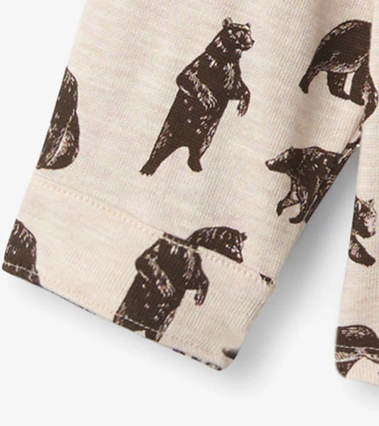 oatmeal color button down with brown bears all over