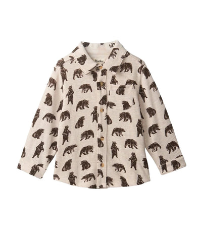 oatmeal color button down with brown bears all over