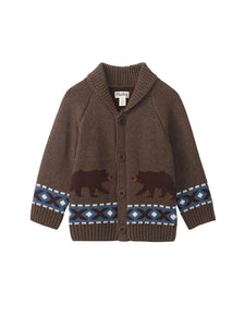 brown cardigan with blue and white details on trim of bottom and wrists, two bears on front