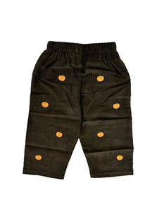 brown corduroy pants with orange pumpkins embroidered all over