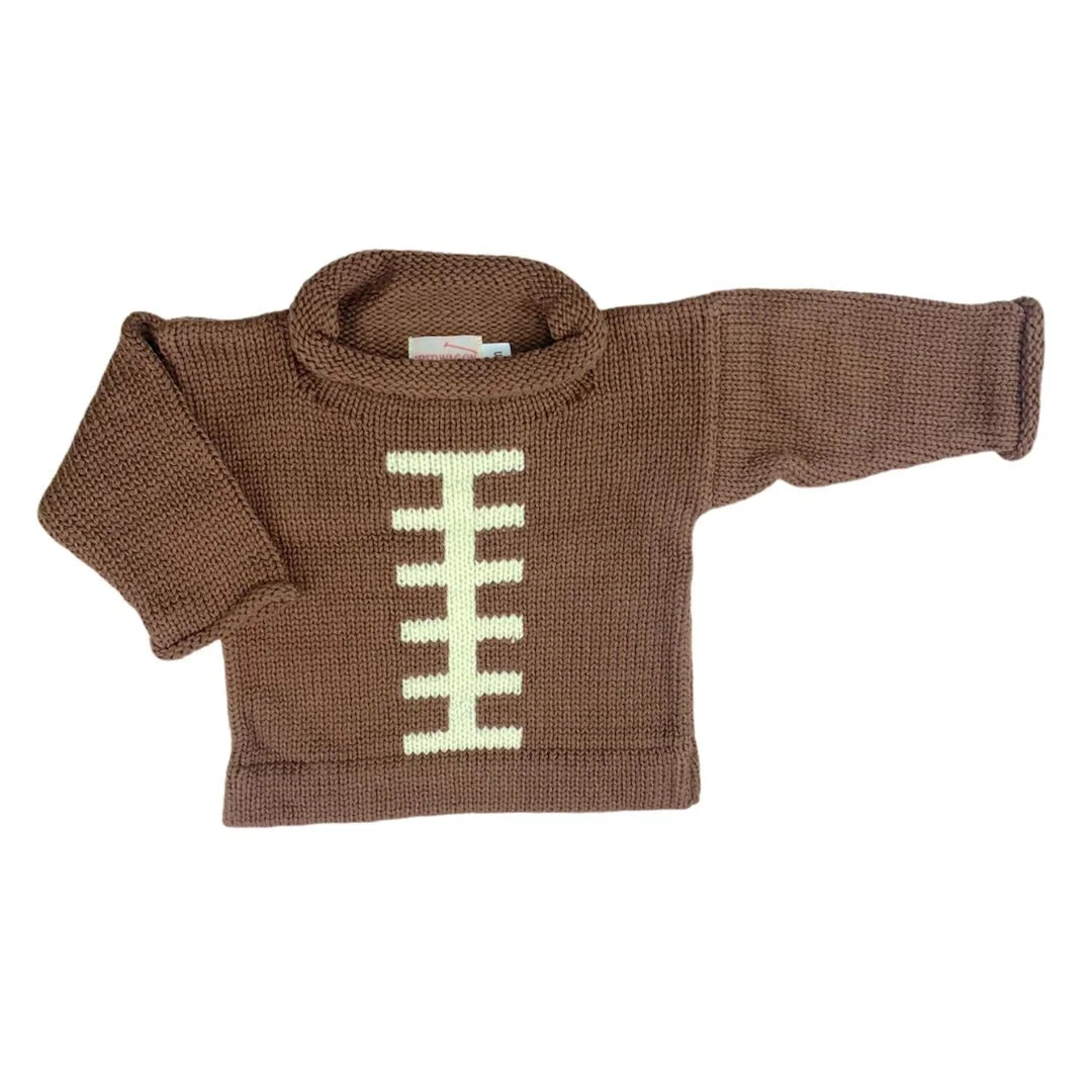 long sleeve brown cotton sweater with ivory football stitching in center