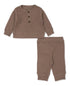 brown waffle texture long sleeve top with buttons and matching pants