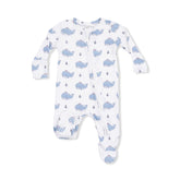 Baby onesie with blue whale pattern on a white background