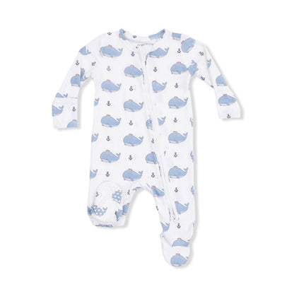 Baby onesie with blue whale pattern on a white background