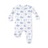 Baby onesie with blue whale pattern on a white background