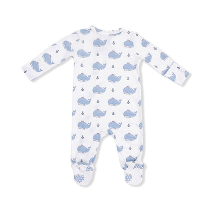 Baby onesie with blue whale pattern on a white background