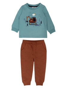 blue long sleeve shirt with bulldozer and matching pants