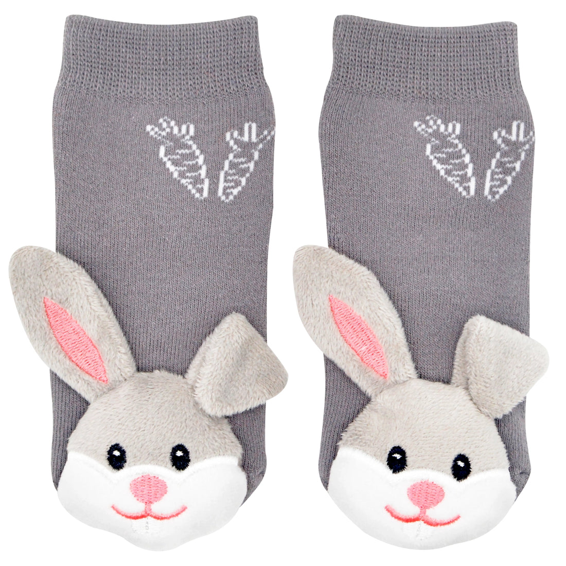 Gray bunny socks with face design on a white background
