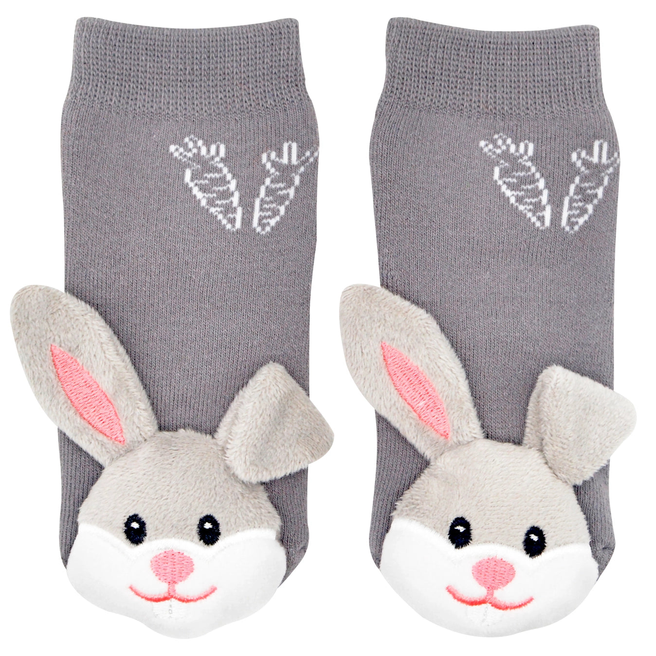 Gray bunny socks with face design on a white background