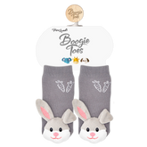 Gray bunny slippers with pink ears and carrot designs on a white background, featuring the brand &