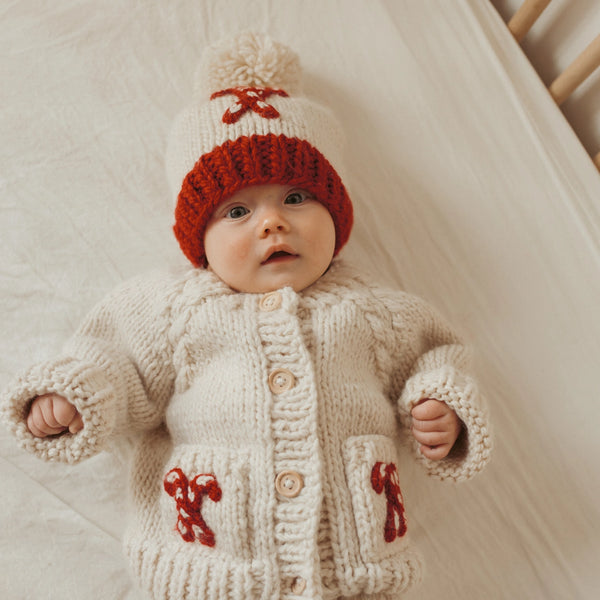 hat with knit candy canes