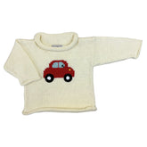 Cream-colored sweater with a red car design on a white background