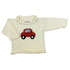 Cream-colored sweater with a red car design on a white background
