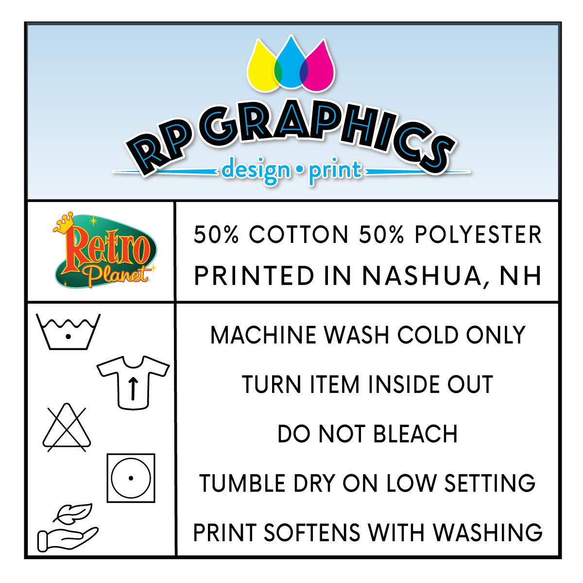 A square informational graphic for RP Graphics design and print, featuring the RP Graphics logo at the top, a Retro Planet logo, fabric composition details (50% cotton 50% polyester), printed location (Nashua, NH), care instructions, and simple line icons for washing and drying.