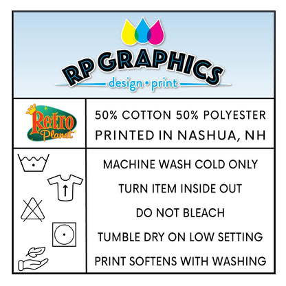 A square informational graphic for RP Graphics design and print, featuring the RP Graphics logo at the top, a Retro Planet logo, fabric composition details (50% cotton 50% polyester), printed location (Nashua, NH), care instructions, and simple line icons for washing and drying.
