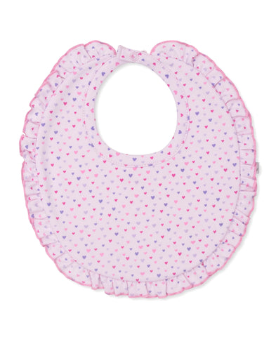 pink bib with multi color hearts