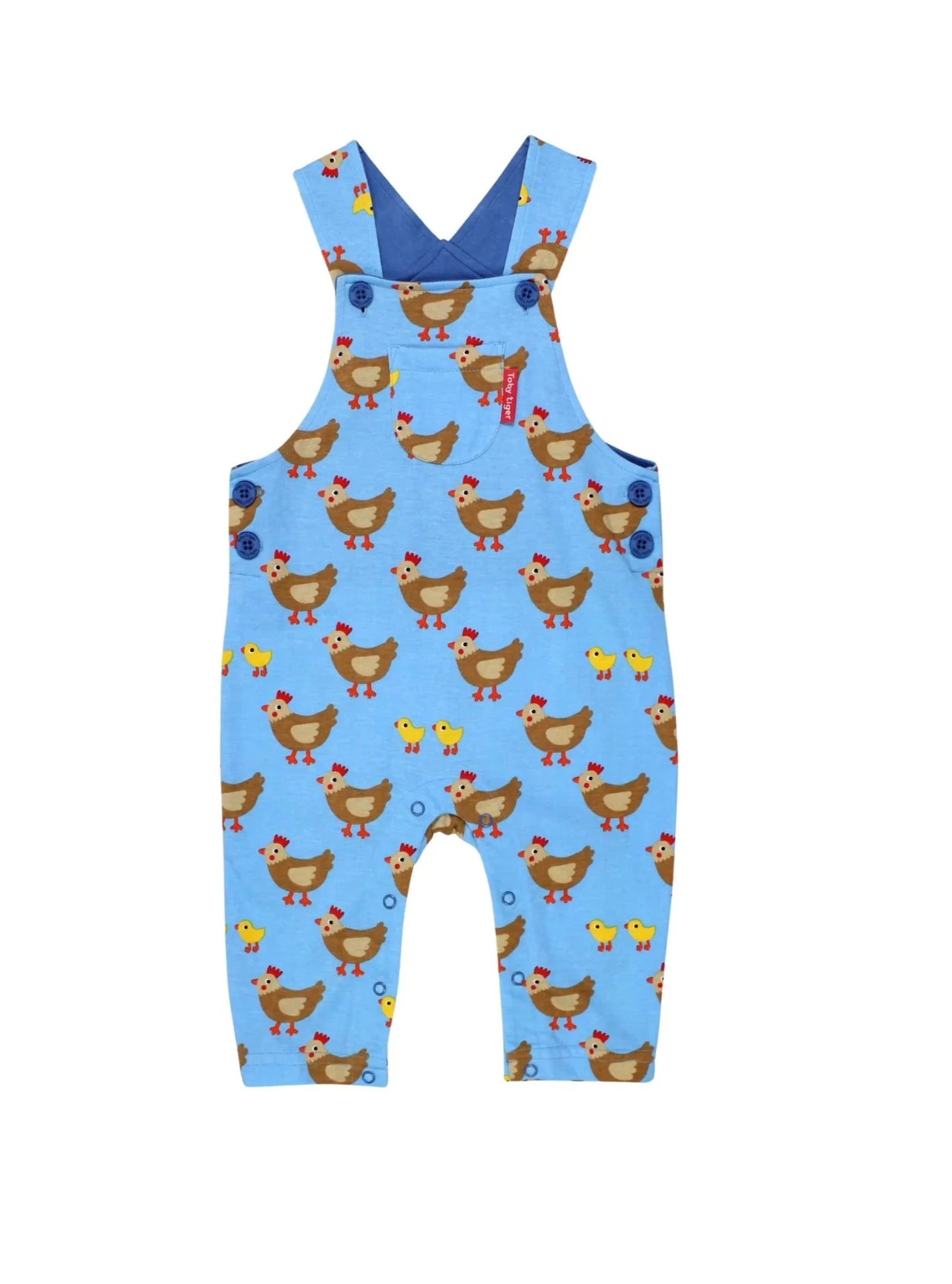 blue sleeveless overalls/dungarees with chickens and chick print all over